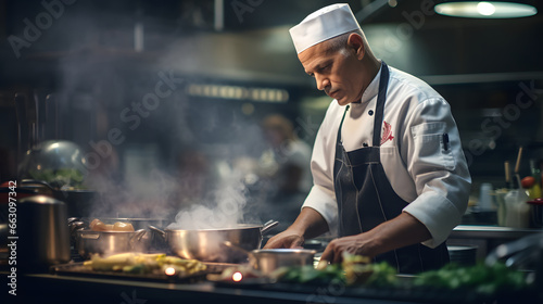 Expert Culinary Chef in Dynamic Restaurant Kitchen Scene - Gourmet Cooking, Professional Gastronomy, Fine Dining, and Commercial Kitchen Operations