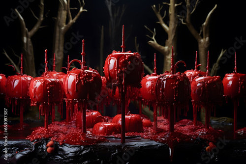 A sinister candy apple forest with blood-red caramel coating and edible leaf decorations. Generative Ai.NO.04 photo