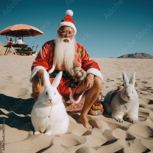 As the sun set over the desert, a man in a santa costume sat on the beach with two rabbits by his side, his white clothing blending in with the sand as he gazed up at the endless sky, a woman watchin photo