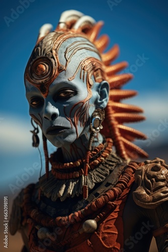 A living statue, adorned in vibrant blue and orange face paint, stands stoically among the bustling outdoor scene, a mesmerizing display of color and movement