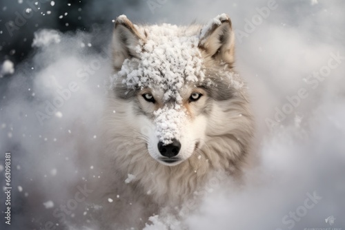 Wolf in winter and smoke