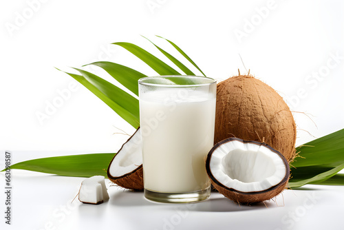 Isolated Glass of Coconut Juice Milk Drink and Tropical Coconuts. Empty White Background. Fresh organic Fruits. Restaurant Breakfast Menu Drink 