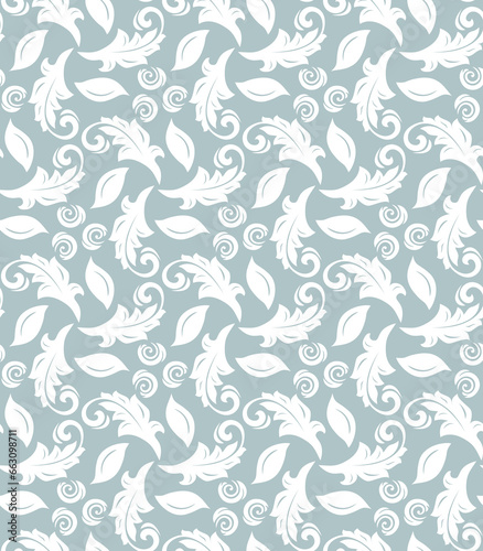 Floral ornament. Seamless abstract classic background with white leaves. Pattern with white repeating floral elements. Ornament for wallpaper and packaging