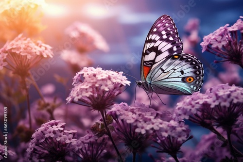 A butterfly perched on a flower amidst a field of purple and white flowers, against a dusky sky. Generative AI