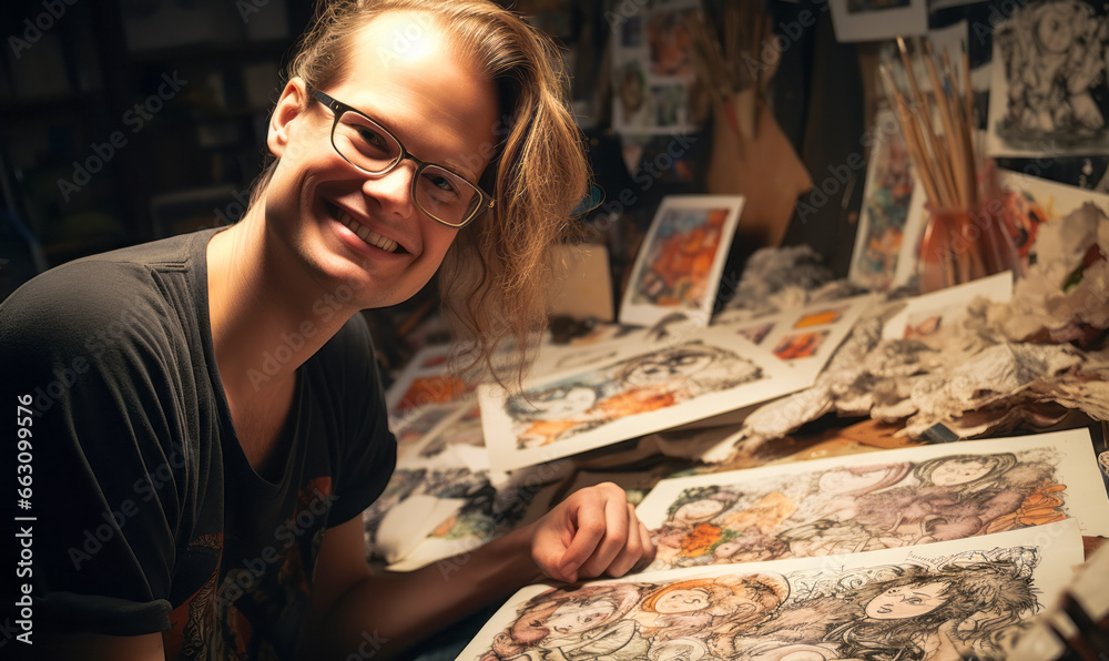 Fototapeta premium From Paper to Palette: Cartoonist's Diverse Artistic Journey.