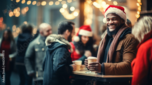 Positive black homeless African American man sitting at a table in a noisy homeless shelter cafeteria, surrounded by other people. Christmas concept.