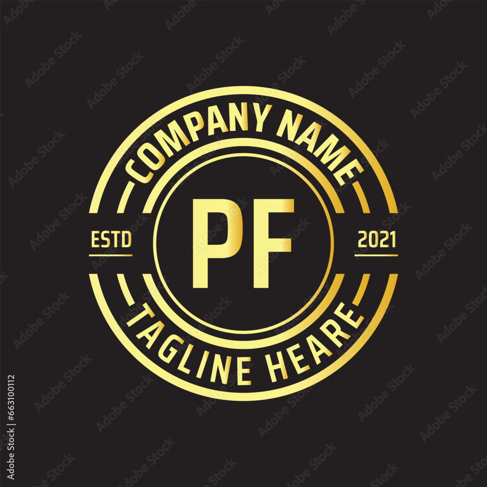 Professional simple Letter PF Circle Luxury Gold Color Vector Logo Template