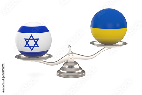 Two balls with flag israel, ukraine and scale on white background. Isolated 3...