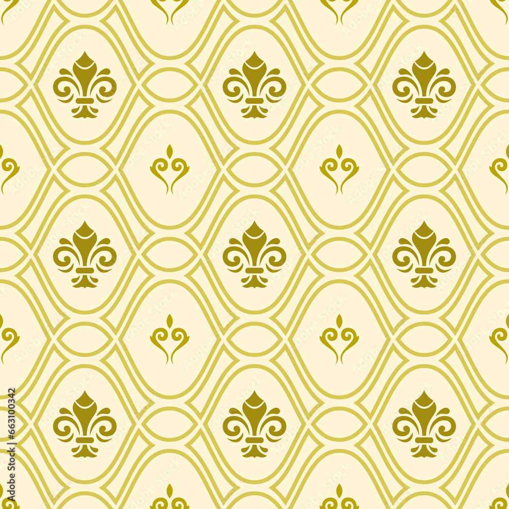 Seamless golden pattern. Modern geometric ornament with golden royal lilies. Classic vintage background Seamless golden pattern. Modern geometric ornament with golden royal lilies. Classic vintage background