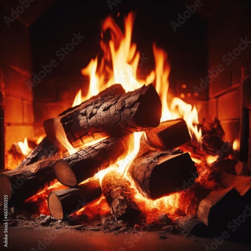 Fireplace whispering flames and burning logs