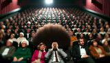 Man with huge afro blocks the view, in theater causing inconvenience to audience and embarrassment to wife. Funny meme style illustration