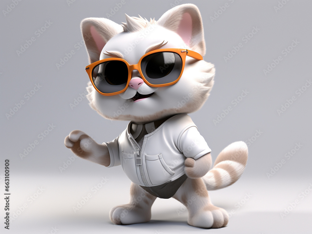 A Cartoon 3D Cat Wearing Sunglasses on a Solid Background