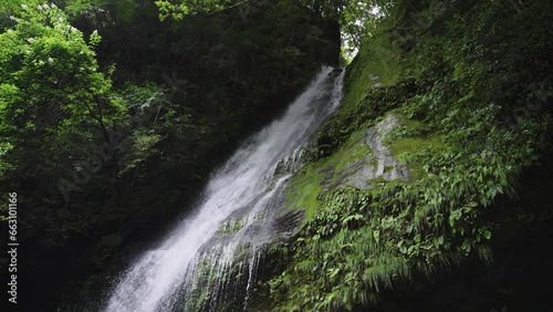 Biwa no Taki Waterfall in the Iya Valley of Japan, Mossy Mountain Rocks photo