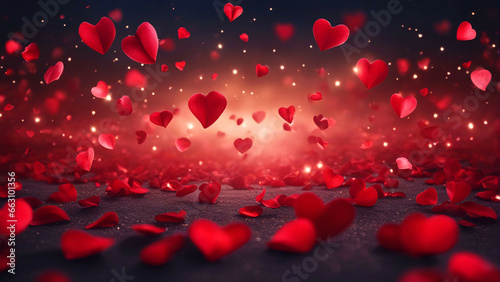 Background made of red hearts made of flower petals flying in air.