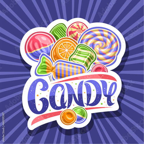 Vector logo for Candy Shop, white decorative badge with outline illustration of various candies and lollipops still life composition, unique lettering for text candy on blue rays of light background