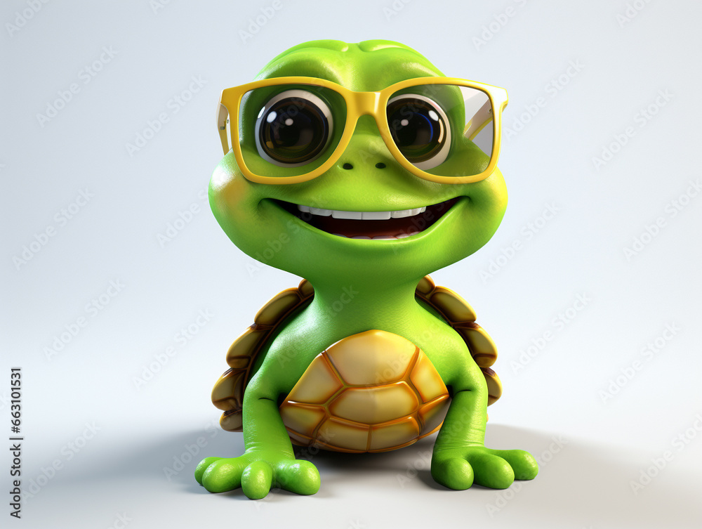 Fototapeta premium A Cartoon 3D Turtle Wearing Sunglasses on a Solid Background