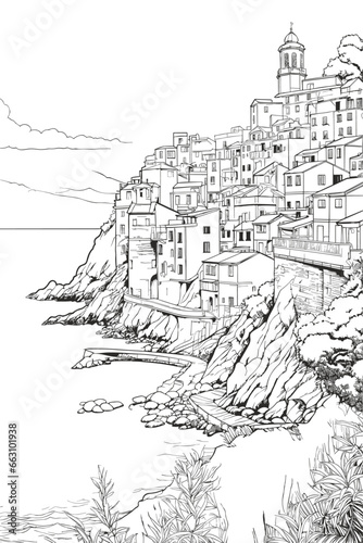Cinque Terre region village landscape black and white coloring page for adults. Riomaggiore, Manarola, Corniglia, Monterosso houses, waterfront vector outline doodle sketch for anti stress color book