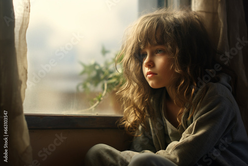 Child waiting, thinking and looking out a home window alone in a house bored by the windows, Kid, girl and young person look outdoor feeling calm, relax and lonely in a household with contemplation