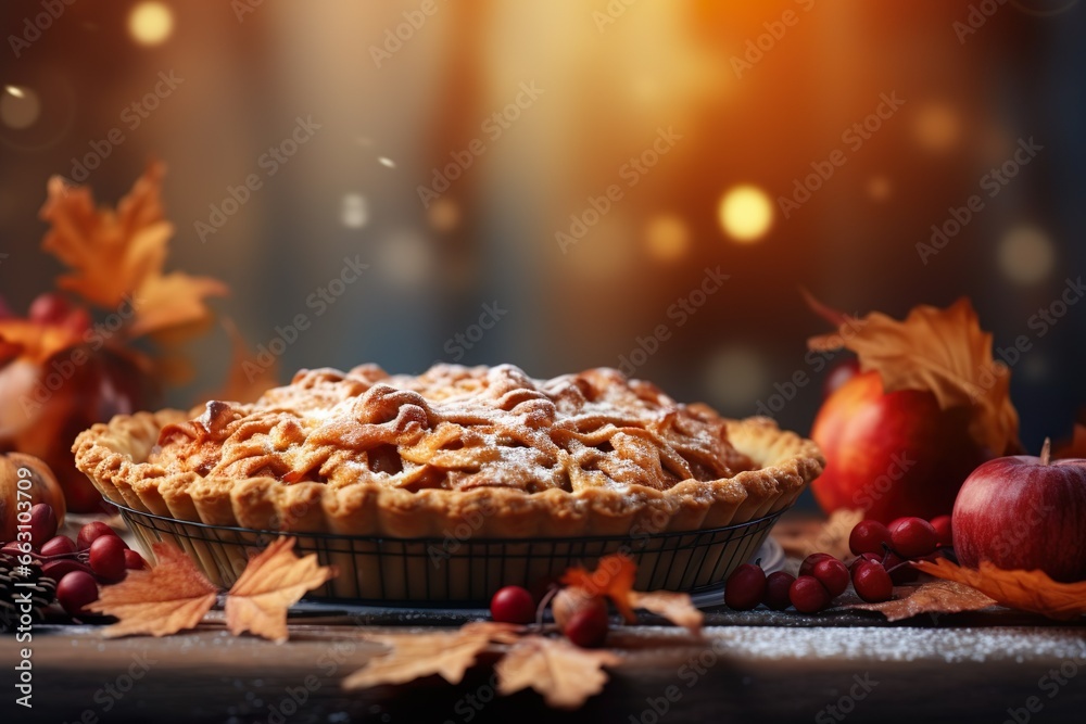 Delicious pie on wooden table with autumn leaves and pumpkins in the background