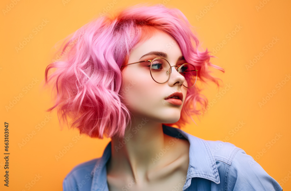 Young lo fi woman with vibrant pink curly hair wearing retro clothes Young lo fi woman with vibrant pink curly hair wearing retro clothes