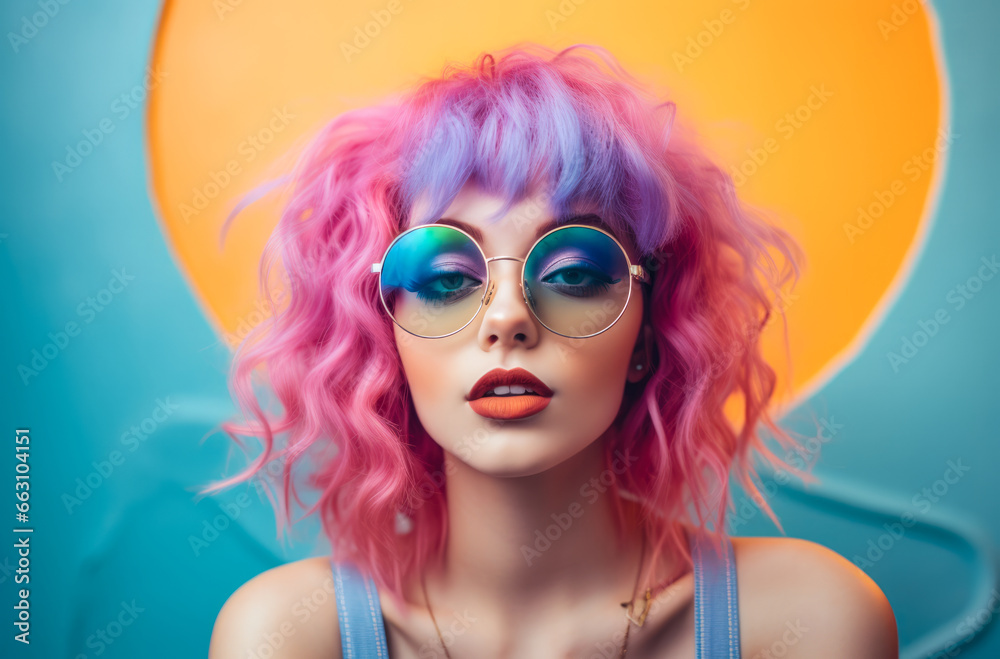 Young lo fi woman with vibrant pink curly hair wearing retro clothes