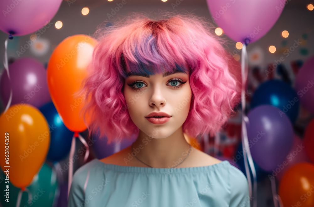 Young lo fi woman with vibrant pink curly hair wearing retro clothes Young lo fi woman with vibrant pink curly hair wearing retro clothes