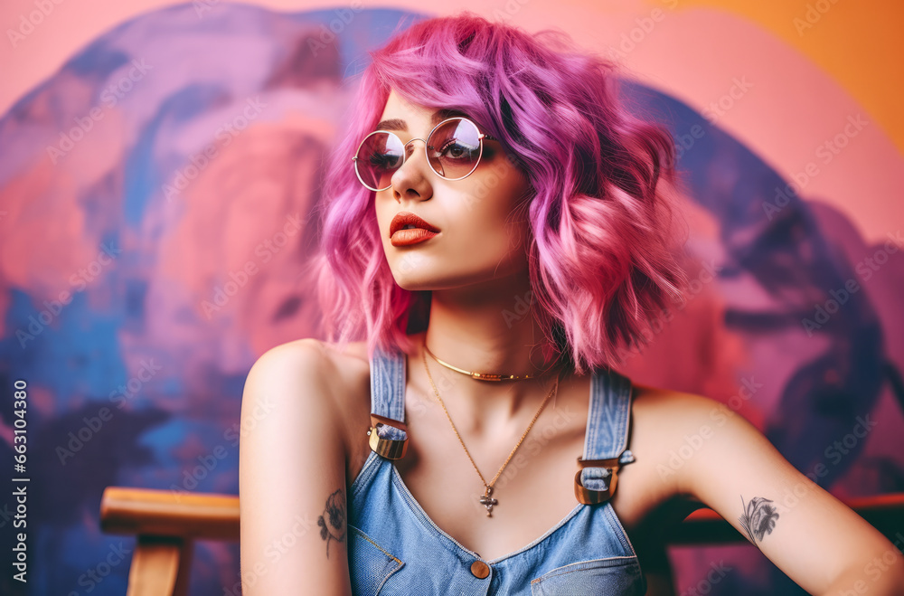 Young lo fi woman with vibrant pink curly hair wearing retro clothes Young lo fi woman with vibrant pink curly hair wearing retro clothes