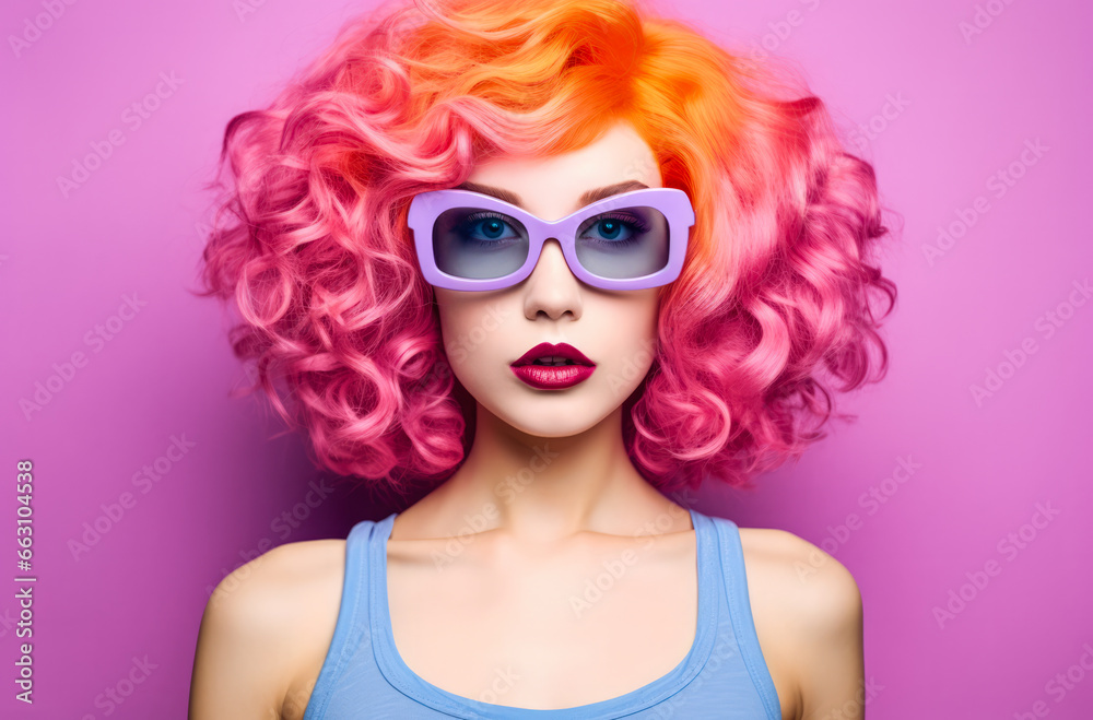 Young lo fi woman with vibrant pink curly hair wearing retro clothes Young lo fi woman with vibrant pink curly hair wearing retro clothes