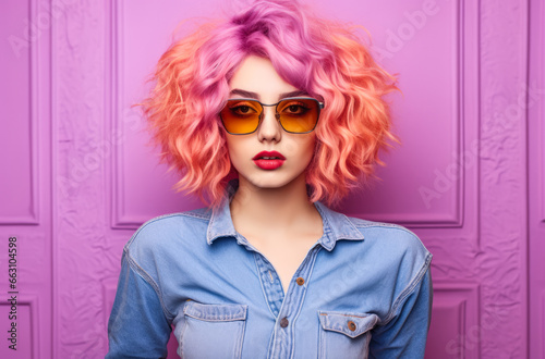 Young lo fi woman with vibrant pink curly hair wearing retro clothes