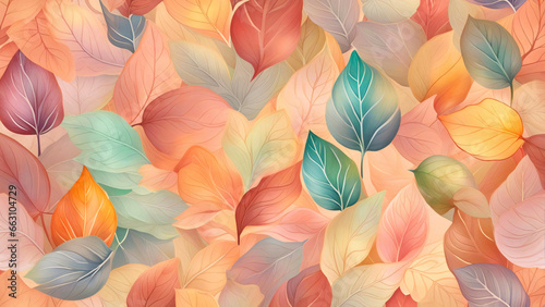 Wallpaper pattern made of tranparent soft color leaves.