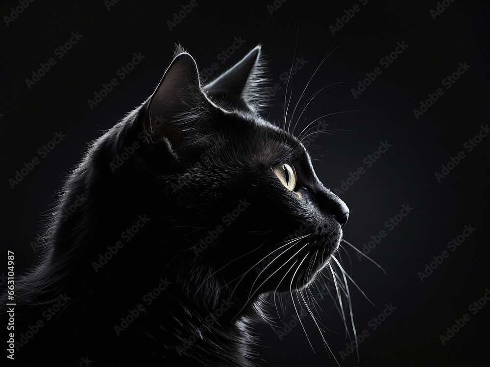 profile of a black cat in the dark, on the black background, silhouette lighting