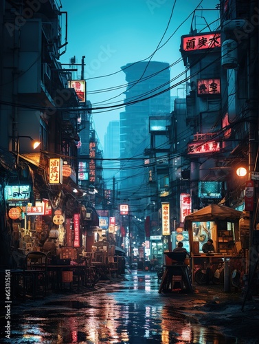 Tokyo cyberpunk landscape at nigh. Dystopian cityscape, devastated by war, poverty, and environmental decay, featuring decaying architecture and flickering neon signs, retro-futuristic Asian streets.