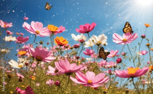 Cosmos flowers and butterflies in a sunlit meadow. © Hashim