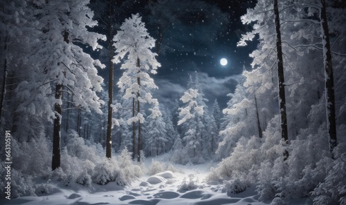Snowfall in a snowy  moonlit forest  where gentle lights and stars create a mesmerizing night scene.