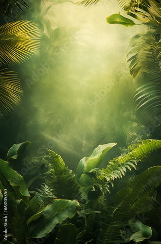 Dreamy tropical landscape with rainforest. Banner with greenery and copy space for your text. Bali style template for your design, exotic photo with green palm leaves and atmospheric sunlight rays. 