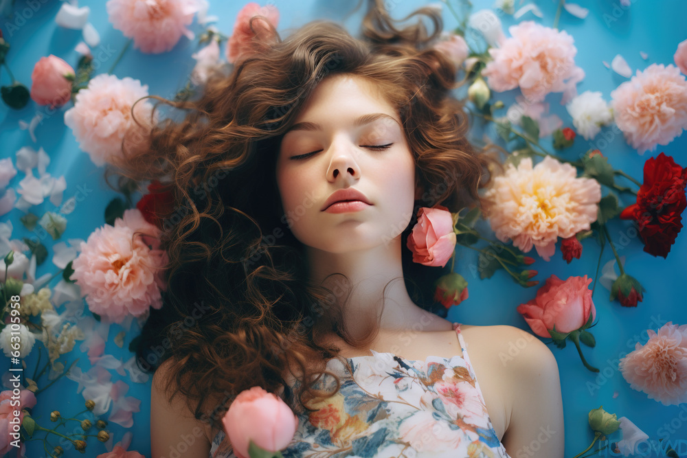girl sleeping in flowers feeling calm and relaxed