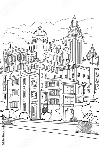  USA United States San Antonio cityscape black and white coloring page book for adults. US America Texas skyline, buildings, street, landmarks vector outline sketch for anti stress