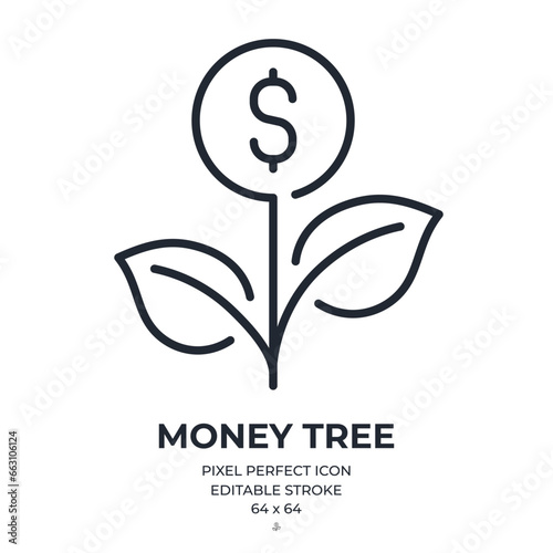 Money tree editable stroke outline icon isolated on white background flat vector illustration. Pixel perfect. 64 x 64.