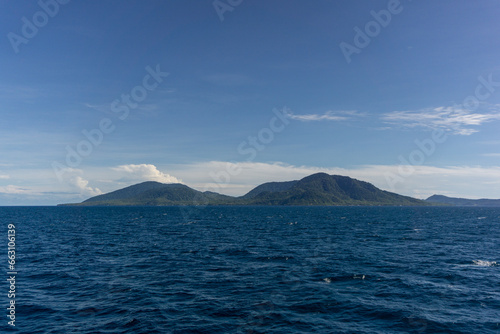 Popular tourist destination in Aceh, Indonesia. View of Sabang island from the boat.