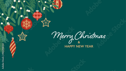 Title background material decorated with Christmas tree, ornaments, and mistletoes
