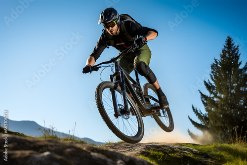 Mountain biker racing downhill in a dust cloud with trees and sunshine in the background.