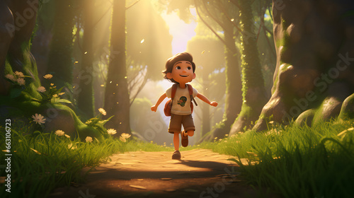 Little Kid with Backpack Playing in Jungle 3D Render - Generative AI 