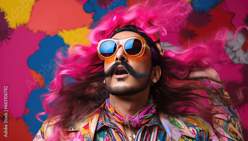 man with long hair and a moustache wearing sunglasses and colourful clothes. feeling fabulous and ecstatic 