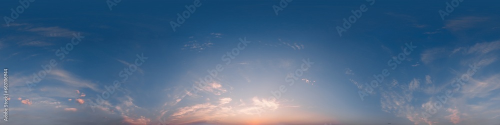 Sunset sky panorama, glowing pink Cirrus clouds, seamless 360 hdr equirectangular, great for virtual reality projects and sky replacement. Sunset sky panorama, glowing pink Cirrus clouds, seamless 360 hdr equirectangular, great for virtual reality projects and sky replacement.