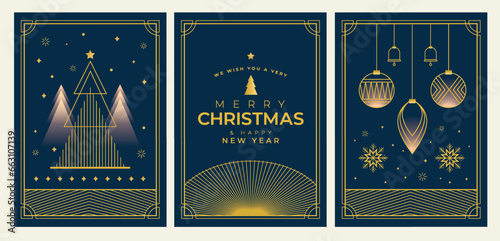 Merry Christmas and Happy New Year illustration of gold luxury christmas pine tree frame with geometric art deco style element for elegant holiday celebration.