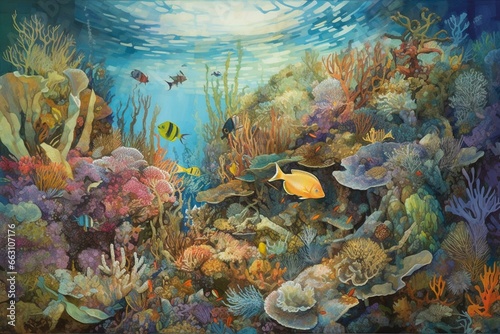 Artwork showing underwater environment with fish, coral reef, and deep blue sea. Generative AI