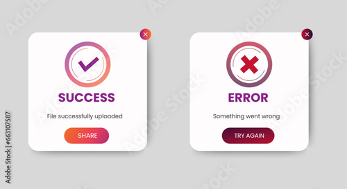 Success and Failed pop up notification icon. flash message. popup window ui design with button for mobile and web. Vector
