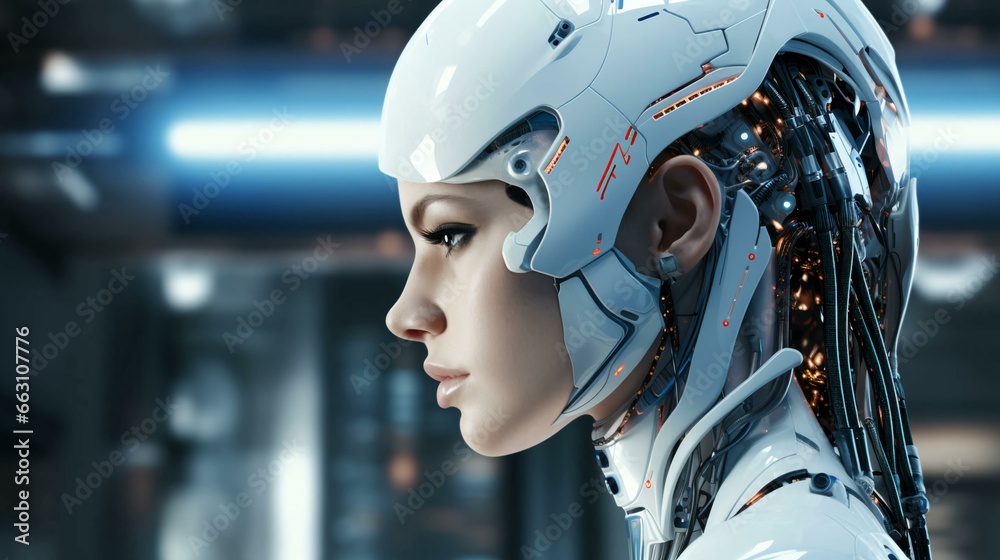 Beautiful cyborg robot woman futuristic high-tech mixture of human and computer. Synergy between humanity and artificial intelligence in the future