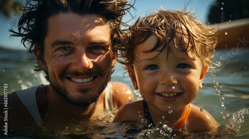 Father and son smile and laugh joyfully, father hugs and teaches his son to swim in the water in the sea or pool, concept of fatherly love and education