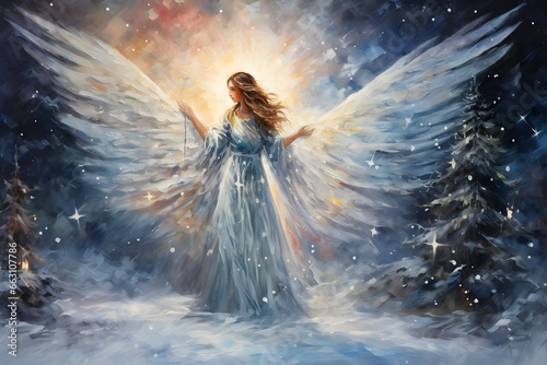 An Angel by the Christmas Tree on a Snowy Starry Night, Painted with Breathtaking Artistry and a Touch of Magic